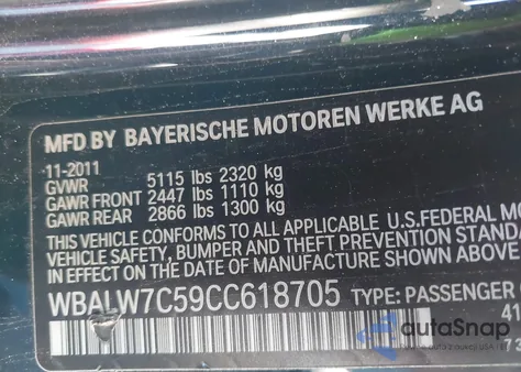 2012 BMW 640I from USA, damaged, VIN WBALW7C59CC618705